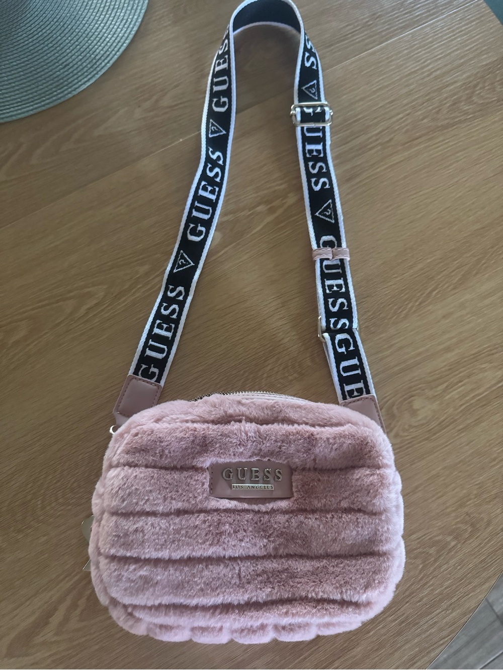 GUESS Blush Pink Plush Crossbody with Branded Strap